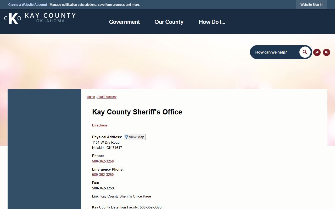 Kay County Court Clerk and Sheriff's Office staff directory at the Newkirk courthouse