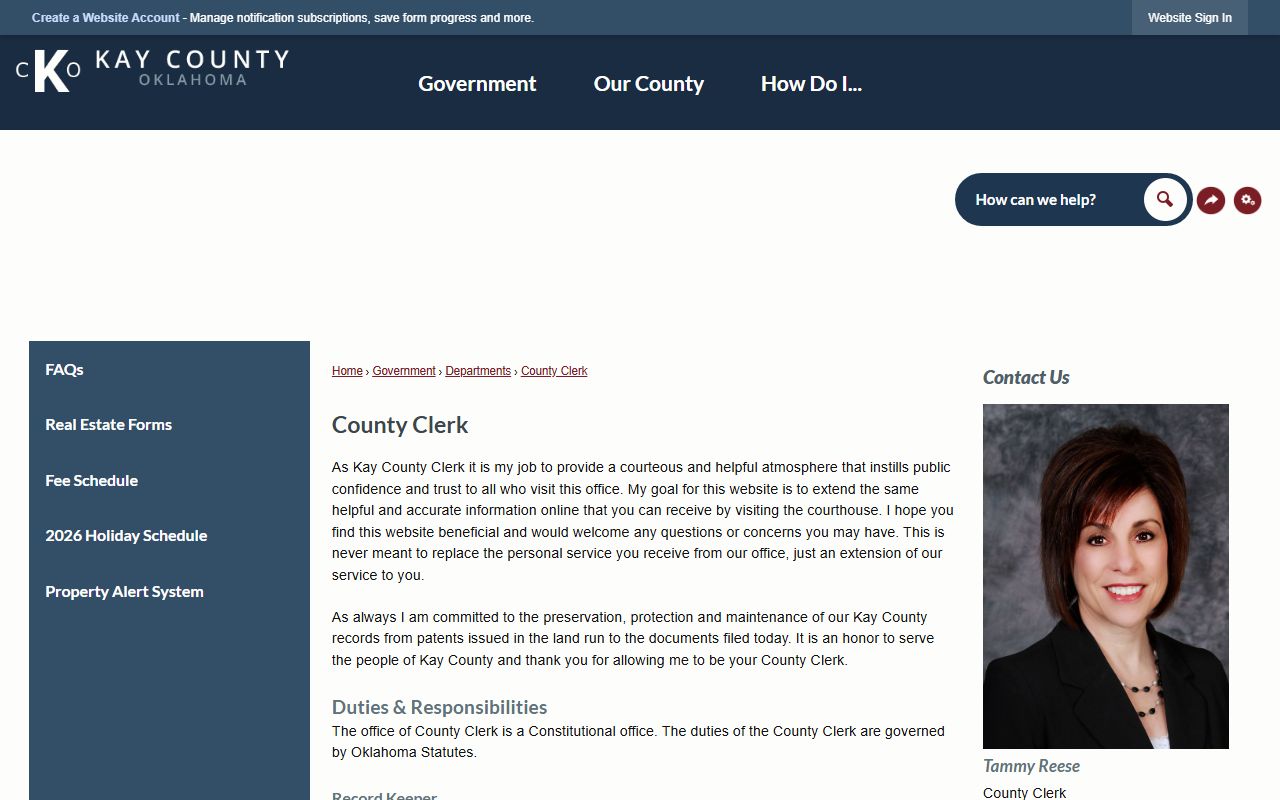 Kay County County Clerk land records page, distinct from the Kay County Court Clerk court records office