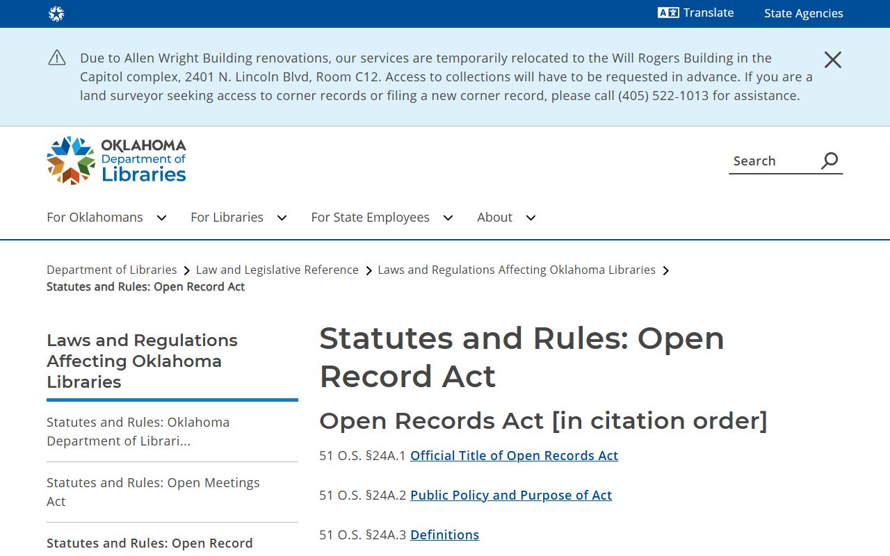 Oklahoma Open Records Act listing that governs public access to Kay County Court Clerk records