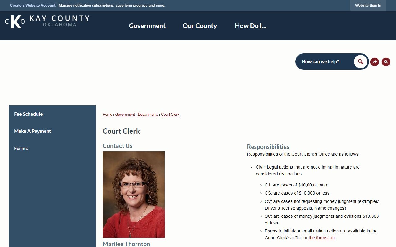 Kay County court dockets and Court Clerk record duties page