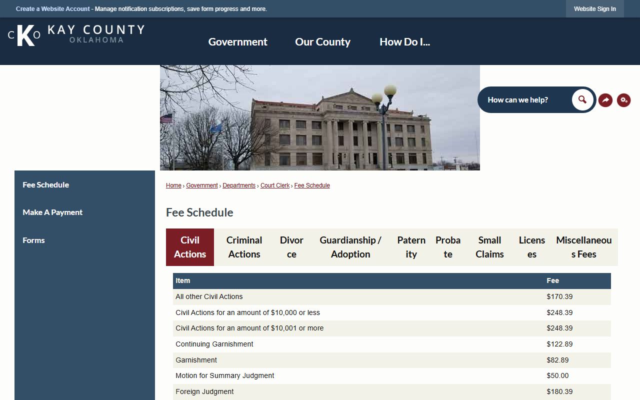 Kay County court dockets fee schedule for copies and certification
