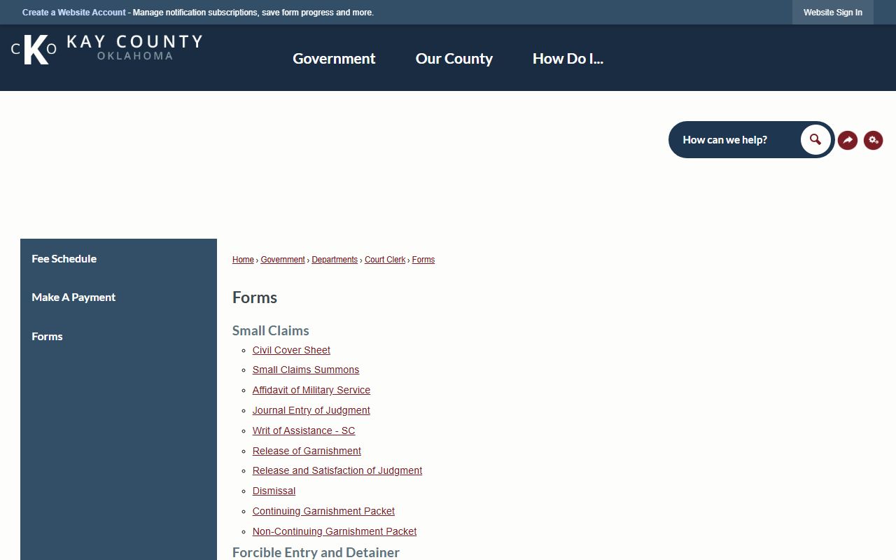 Kay County court dockets and Court Clerk forms for filings