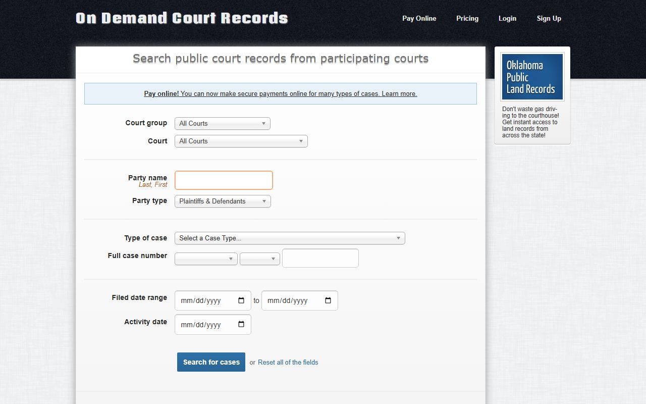 ODCR portal used to search Kay County court records online
