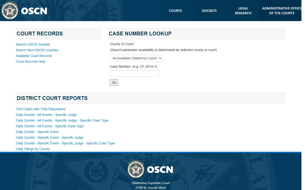OSCN docket landing page for searching Kay County court records