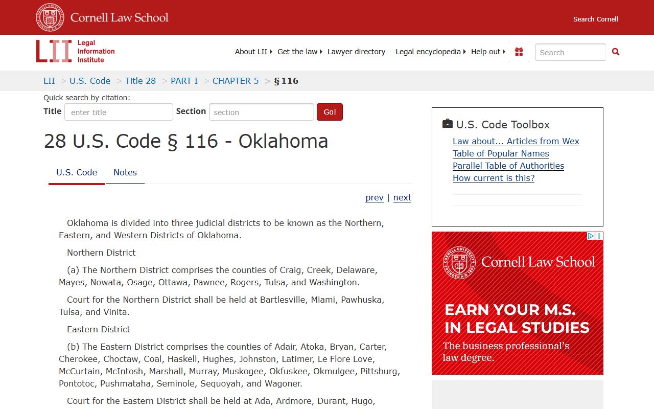28 U.S.C. 116 statute defining Oklahoma federal districts relevant to Kay County District Court