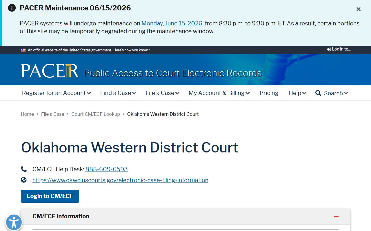 PACER court lookup showing Kay County in the Western District of Oklahoma federal court