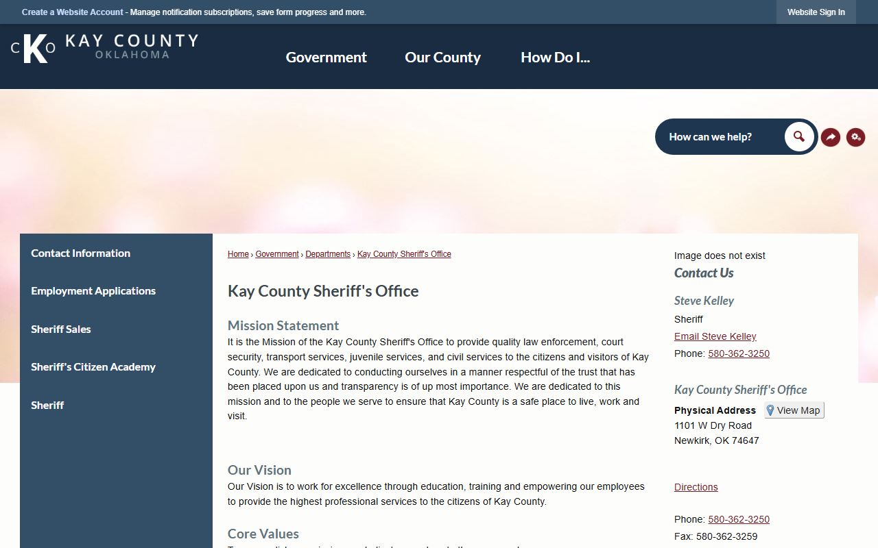 Kay County Sheriff's Office page tied to inmate and jail court records