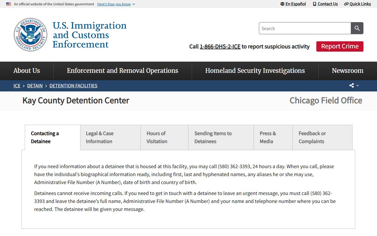 ICE Kay County Detention Center page for Kay County inmate and detainee information