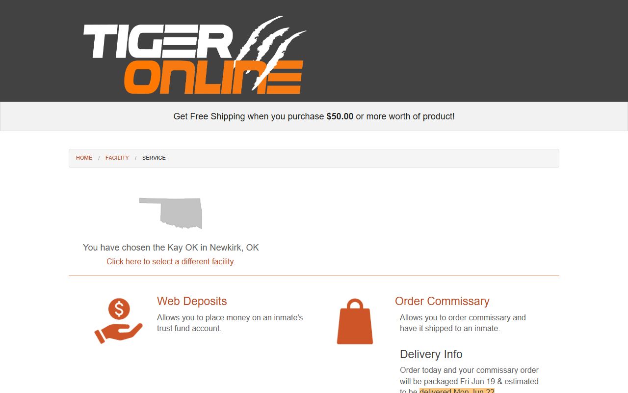 Tiger Commissary Kay OK page for Kay County inmate deposits and commissary