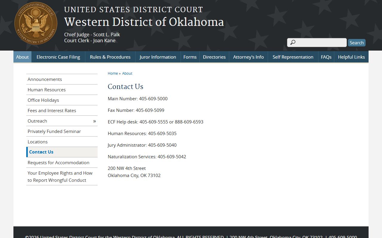 Western District of Oklahoma contact page for Kay County inmate federal custody questions