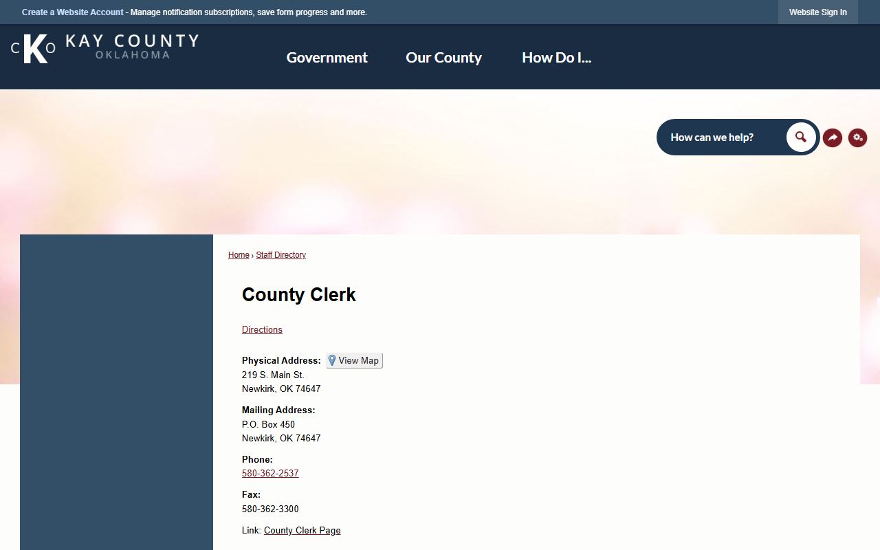 Kay County County Clerk staff directory referenced beside Kay County probate records research