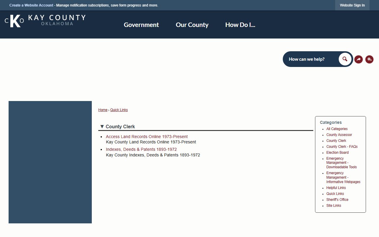 Kay County County Clerk quick links page distinct from Kay County probate records in District Court