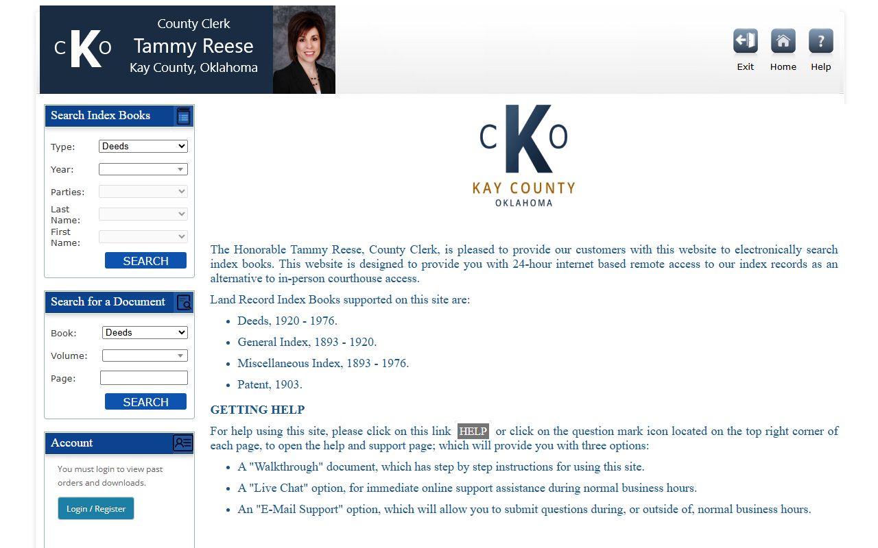 Kofile index-book portal used alongside Kay County probate records for historical land deeds
