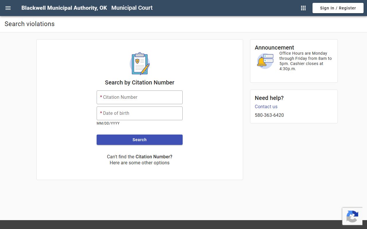 Blackwell municipal citation lookup for Kay County traffic court records
